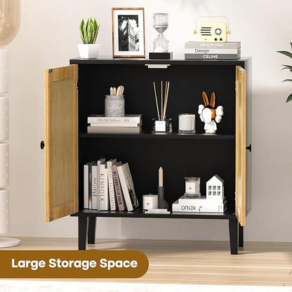 Bamboo Sideboard Buffet Cabinet with Rattan 2 Doors Kitchen Cupboard Accent Entryway Living Room Cabinet Black