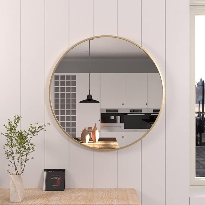 28 inch Gold Circle Wall Mirror, Brushed Brass Golden Metal Framed Round Mirror for Bathroom Vanity, Bedroom Decor, Living Room, Entryway