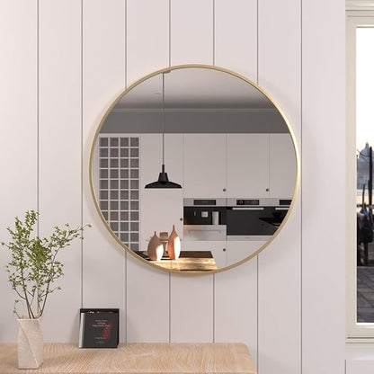 28 inch Gold Circle Wall Mirror, Brushed Brass Golden Metal Framed Round Mirror for Bathroom Vanity, Bedroom Decor, Living Room, Entryway