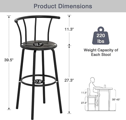 VECELO Bar Stools Set of 2, Swivel Counter Stools with Backrest, Bar Height Stools for Dining Room, Kitchen Island, Pub, Easy Assembly, Dark Grey