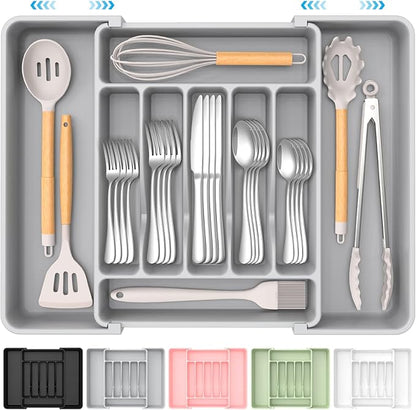 Extra Large Expandable Silverware Organizer, BPA-Free Food-Safe Cutlery Flatware Organizer, Kitchen Utensil Drawer Organizer, Adjustable Silverware Holder for Spoons Forks Knives, Gray