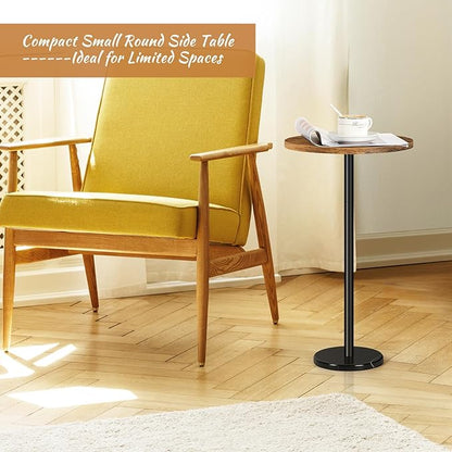 smusei Drink Table Small Side Table with Marble Base Pedestal Side Table Drink Tables for Small Spaces Round End Table Mini Side Table for Sofa Couch Chair Patio, Brown and Black