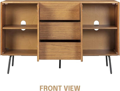 NTC MOSSIC Sideboard with 2 Doors and 3 Drawers, Buffet Cabinet with Natural Rattan and Metal Legs, Modern Storage Cabinet for Living Room, and Hallway, Effortless Assembly, Teak Look