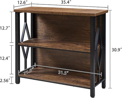 HOMISSUE Bookshelf, 3-Tier Rustic Short Bookshelf, Industrial Shelf Bookcase with Engineered Wood Shelves, Low Bookcase with Storage, Small Shelf for Living Room, Bedroom and Office, Rustic Brown