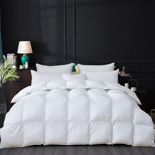 Luxurious All-Season Goose Down Feather Fiber Comforter King Size Duvet Insert, Premium White Solid Plain Design, Premium Baffle Box, 100% Egyptian Cotton, 80 oz Fill Weight