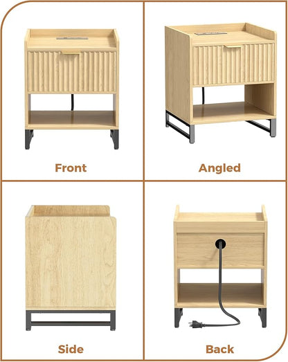 Fluted Night Stand Set 2 with Charging Station, Wood Nightstand with Large Drawer and Open Storage Cabinet, Mid-Century Modern Bedside Table End Table for Bedroom Closet Office