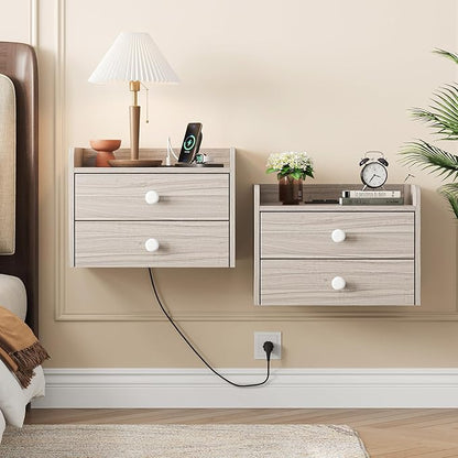Floating Nightstand Set of 2 with 2 Storage Drawers and Charging Station Wood Wall Mounted Bedside End Table Modern Night Stands Set 2 for Bedroom,Small Space,Grey