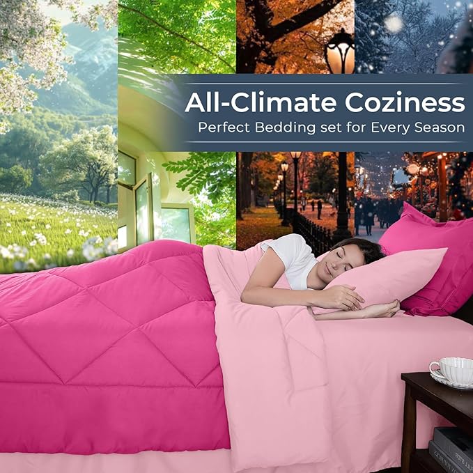 HEVUMYI Hot Pink & Baby Pink King Comforter Set - 7-Piece All Season Bed in a Bag King, Ultra Soft Bedding Set with Comforter, Flat Sheet, Fitted Sheet, Pillowcases, Pillow Shams