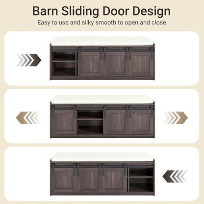 Haotian Industrial Style Shoe Storage Bench, Entryway Hallway Shoe Cabinet, Sliding Barn Doors, Drawer & Padded Seat Cushion, Rustic Window Bench for Mudroom (Brown)