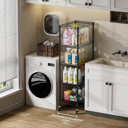 SINGAYE 5 Shelves Storage Shelf Wire Closet Bathroom Organizers Metal Pantry Kitchen Small Garage Shelving Unit Laundry Room Organization Home Narrow Rack Net Basket with Wheels Black