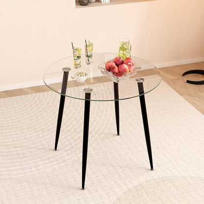 Tempered Glass Dining Table 32 Inch Round Kitchen Table with Black Metal Legs Modern Dinner Table for Dining Room Kitchen Small Space