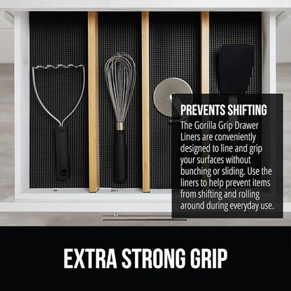 GORILLA GRIP powerGRIP Drawer Shelf and Cabinet Liner, Thick Strong Hold, Non-Adhesive Liners Protect Kitchen Cabinets and Cupboard, Bathroom Drawers, Easy Install, Breathable Mat, 17.5" x10', Black