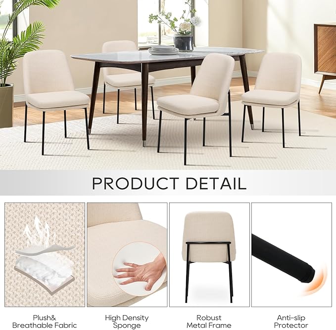 COLAMY Dining Chairs Set of 6, Fabric Upholstered Dining Room Chairs Dinner Chair Stylish Kitchen Chairs with Curved Back and Metal Legs, Beige