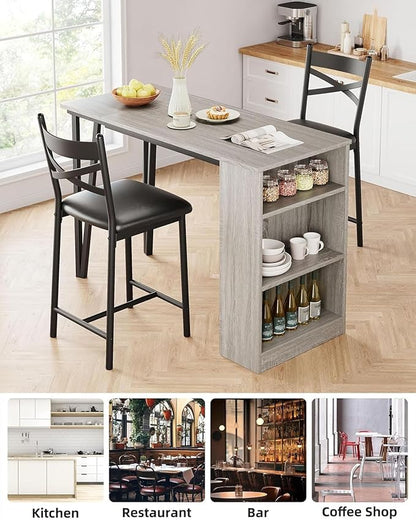 GAOMON 3 Piece Bar Table Set for 2, Bar Table and Chairs Set with with Flip Top Extension, Dining Table Set with Storage Shelves, Suitable for Small Space Kitchen Apartment, Grey