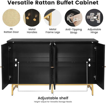 Sideboard Buffets Cabinet with 4 Rattan Doors, Large Storage Accent Cabinet Credenzas Modern Console Table for Living Room, Kitchen (Black)