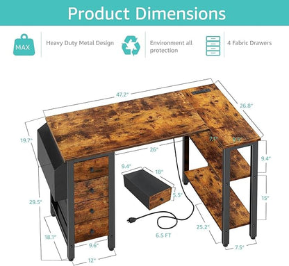 Lufeiya L Shaped Desk with Drawers & Storage Shelves, 47 Inch Small Reversible Corner Desk with Power Outlet for Home Office Bedroom, L-Shaped Gaming PC Computer Desks with Fabric Drawer, Rustic Brown