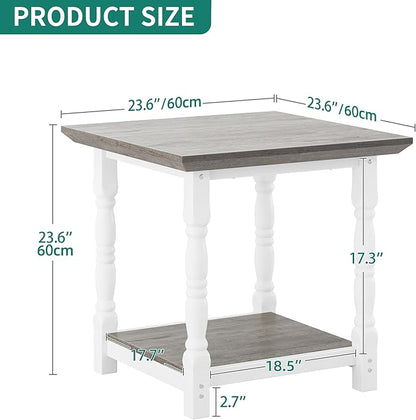 DWVO Farmhouse Square Coffee Table Set of 2, Antique Accent Side Table with Floor Shelf, 23.6"x 23.6" Living Room Furniture, Vintage Ivory & White