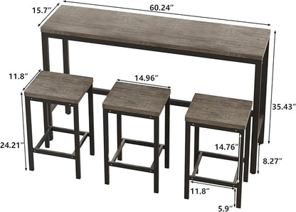 KEIKI 60.24” Long Bar High Top Dining Table and 3 Stools Chairs Set, Wood Behind Couch Sofa Counter Height Pub Furniture for Breakfast, Kitchen Living Party Room, Brown Grey