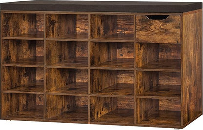 DINZI LVJ Shoe Bench, Entryway Storage Bench with Drawer and 15 Cubbies, Cubby Shoe Rack with Adjustable Shelves, Shoe Organizer Cabinet for Living Room, Bedroom, Mudroom and Garage, Rustic Brown