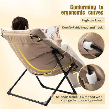 HollyHOME X-Large Saucer Chair with Foldable Ottoman, Comfy Oversized Folding Chair and Folding Footrest Stool Set, Faux-Fur Reading Chair and Footstool for Living Room, Bedroom, Beige Chair&Stool