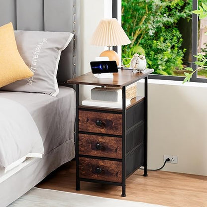 AMHANCIBLE End Tables Living Room with Charging Station, Narrow Side Table with USB Ports and Outlets, Slim Nightstand with 3 Fabric Drawers for Bedroom, Small Space, Rustic Brown, HETN013BR-1