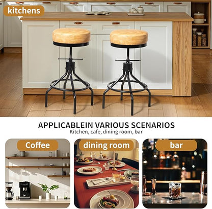 Swivel Bar Stools Set of 2 Adjustable Swivel Round Barstools Modern PU Leather 28inch Backless Counter Height Stool Metal Industrial Bar Chair for Kitchen Island (2, Ash Wood PU Leather)