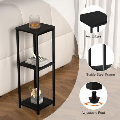 10" Wide Square Drink Table with Adjustable Feet - 3-Tier Small Side Table for Apartments, Balcony & Office | Space-Saving, Lightweight & Multi-Functional (Plants, Books, Drinks,Black)