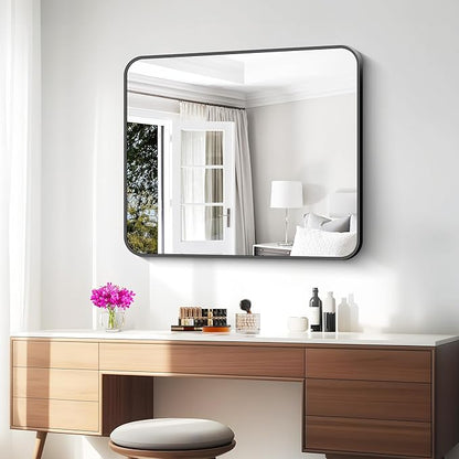 BONEWEI 30x36 inch Bathroom Mirror,Black Rectangle Mirror,Wall Mounted Bathroom Frame Vanity Mirror with Round Corner for Bedroom Living Room, Entryway Hangs Horizontal or Vertical