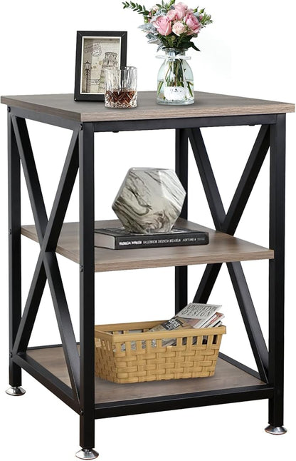End Tables Living Room, 16" D x 16" W x 24" H, Indoor SideTables Living Room with Storage Shelf, Square End Table, X-Shaped Night Stands for Bedroom, Farmhouse Wood End Tables, Grey