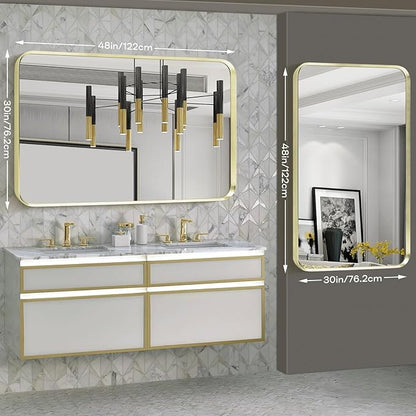 Large Gold Bathroom Mirror, Rounded Corner Rectangular Brushed Gold Frame Vanity Mirror, Wall-Mounted, Anti-Rust, Tempered Glass, Hangs Horizontally or Vertically (30" x 48", Gold)