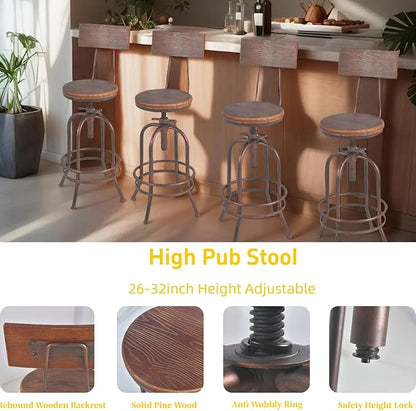 Set of 2-Industrial Bar Stools-Swivel Wooden Seat-Bar Counter Height Adjustable 26-32.2inch-Kitchen Dining Chairs
