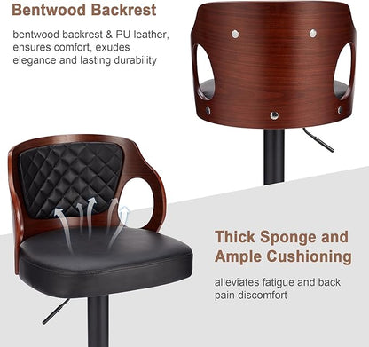 VECELO Bar Stools Set of 2,Adjustable Counter Height Stools with Bentwood Back,Armrest&Footrest,Swivel PU Leather Bar Chairs for Kitchen Island,Coffee Shop and Salon,Black,Quilted Elegance