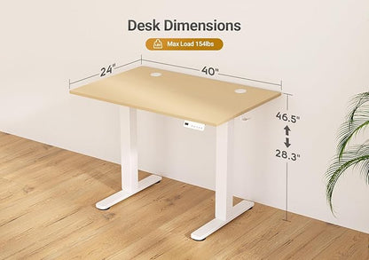 Seang Electric Standing Desk Adjustable Height, 40 x 24 Inch Sit Stand Desk with T-Shaped Frame, 3 Memory Presets & Cable Management for Home Office Computer Workstation, White Frame/Nature Top
