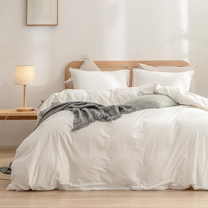 BESTOUCH Duvet Cover Set 100% Washed Cotton Linen Feel Super Soft Comfortable Chic Lightweight 3 PCs Home Bedding Set Solid Off White Super Queen