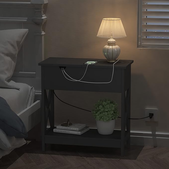 ChooChoo End Table with Charging Station, Narrow Flip Top Side Table with USB Ports & Power Outlets for Small Spaces, Nightstand Sofa Table for Living Room, Bedroom, Black, 2 Pack