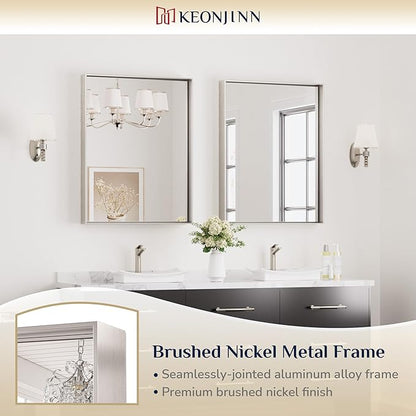 Keonjinn 24 x 32 in Brushed Nickel Bathroom Mirror for Wall, Silver Rectangular Metal Framed Vanity Mirror for Bathroom Sink Square Corner Aluminum Alloy Modern Rectangle Mirror(Horizontal/Vertical)
