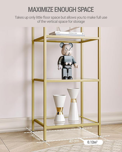 Bookcase Bookshelf, Tempered Glass Bookshelves, Slim Shelving Unit for Bedroom, Bathroom, Home Office, Steel Frame, 5 Tier Gold BC05001G