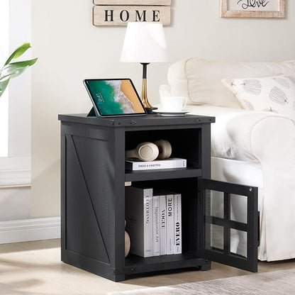 Farmhouse Nightstand with Charging Station, Rustic End Table with Tempered Glass Barn Door, Wood Sofa Side Bedside Table with Open Storage Shelf for Living Room, Bedroom, Black, 2 Pack