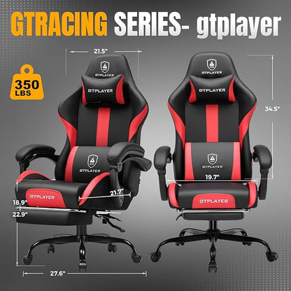 GTRACING Gaming Chair with Foot Rest & Pocket Spring Cushion, Ergonomic High Back Computer Chair with Headrest & 360°-Swivel Seat for Home Office Desk, PU Leather, Red