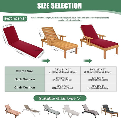 Chaise Lounge Cushions Outdoor Set of 2 - Waterproof and Fade Resistant Sun Lounger Replacement Cushions - Patio Lounger Pads with Removable Cover for Pool, Deck, Lawn, 80 x 26 x 3 Inch, Red