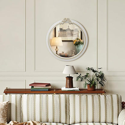 Vintage Round Wall Mirror 20inch Farmhouse Wooden Vanity Mirror for Wall Decor, Decorative Antique White Bathroom Mirrors, Traditional Art Home Bow Decor for Dressing Table, Living Room or Bedroom
