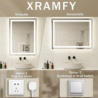 32'' x 24'' LED Bathroom Mirror with Lights, Wall Mirror with Front and Backlight, 3 Colors Vanity Mirror with Lights, Anti-Fog Wall Mirror for Bathroom