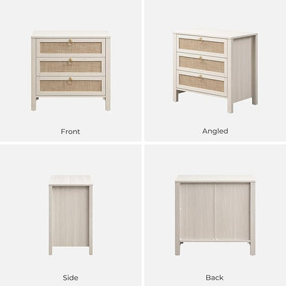 SICOTAS White Nightstand Set 2 with Drawers - Large Rattan Bedside Table with Golden Handle, 3 Drawers Night Stand Tall End Table 26.78" Wide Side Table Boho Nightstand for Bedroom