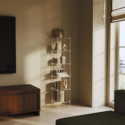 6 Tier Square Acrylic Bookshelf, Small Bookcase with Acrylic Fittings for Fixing to Wall, Corner Display Shelf for Living Room, Bedroom, Bathroom, Small Spaces, Clear, 11.6'' W x 53.9'' H