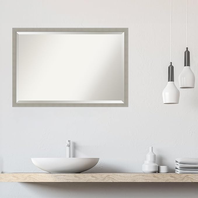 Amanti Art Grey Wall Mirror 26x38 Woodgrain Stripe Grey Rectangle Bathroom Mirror for Wall Decor Living Room, Large Casual Wood Frame, Hangs Horizonally and Vertically, Bathroom Decor, Beveled Edge