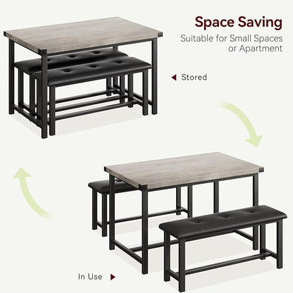 Dining Table Set for 4, Kitchen Table with 2 Upholstered Benches, 3-Piece Dining Room Set for Kitchen, Apartment and Small Spaces, Gray