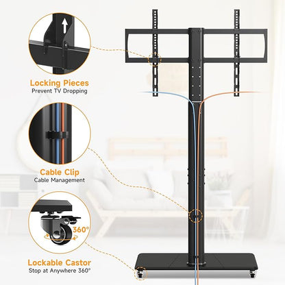 Tall Floor TV Stand for 32-75" TV Portable Rolling TV Cart with Wheels Height Adjustable with Wood Base, Holds up to 88 lbs, Max VESA 600x400mm TS005HB