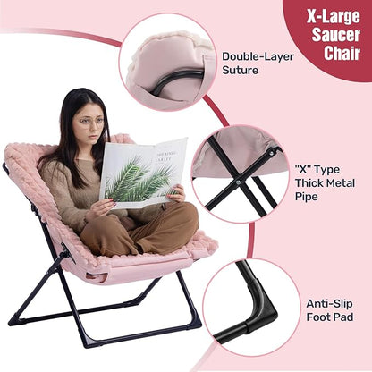 HollyHOME X-Large Saucer Chair with Foldable Ottoman, Comfy Oversized Folding Chair and Folding Footrest Stool Set, Faux-Fur Reading Chair and Footstool for Living Room, Bedroom, Pink Chair&Stool