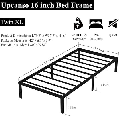 16 Inch Twin XL Bed Frames, Metal Platform Twin XL Bed Frame with Storage, 2,500 lbs Heavy Duty Steel Slats Support, Easy Assembly Mattress Foundation, Black