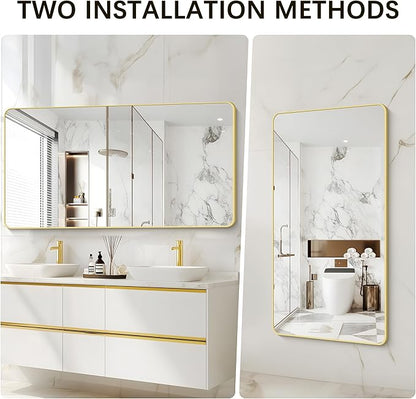 55x30 Inch Gold Bathroom Mirror, Metal Framed Gold Rectangle Mirrors, Rounded Rectangular Vanity Mirror, Large Wall Mounted Mirrors for Living Room Bedroom Entryway Hangs Horizontal or Vertical